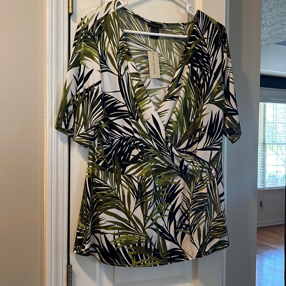 Ann Taylor Palm Leaf Mock wrap top